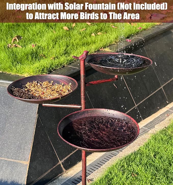 44" H Metal Bird Bath and Feeder for Outside, Standing Birdbaths with Cast Iron Bird, Vintage Birdfeeder for Outdoors with 4-Prong Stake Base for Garden Decor Yard Lawn, Red