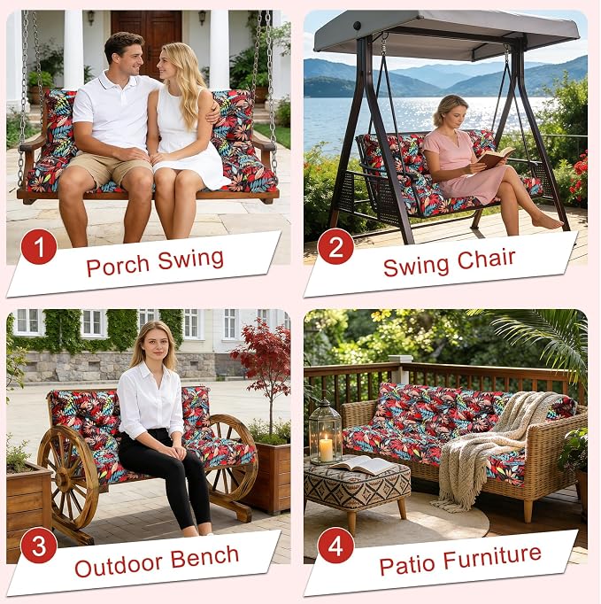 Porch Swing Cushions 40 inch Waterproof & Fade Resistant Thicken 5" Outdoor Swing Cushions 2 Seater Replacement with Backrest & Ties Patio Swing Cushions for Outdoor Furniture (Red Leaves)