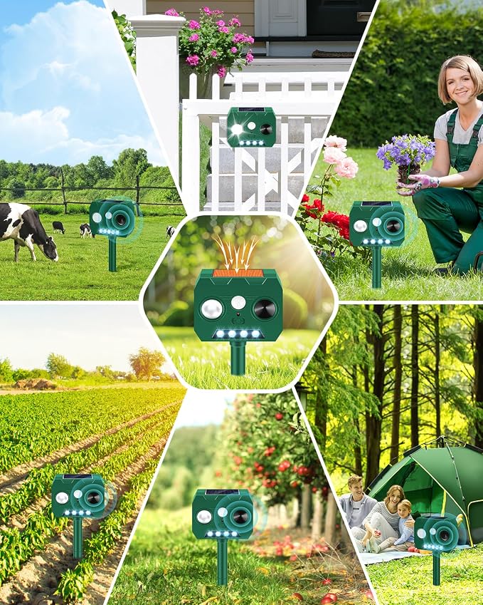 Solar Ultrasonic Animal Repellent Outdoor, 2 Pack Cat Repellent Outdoor Deer Repellent Devices with PIR Motion Sensor & LED Flash, Waterproof Squirrel Repeller, Cat, Raccoons, Rabbits, Deer, Skunk