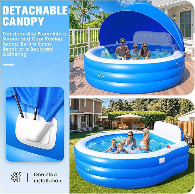 2026 Extra Large Upgraded Inflatable Pool with Canopy, Inflatable Family Lounge Pool, Round Blow Up Pool for Adult with Bench&Backrest,Swim Center Easy Backyard Pools for Kids & Adults, Blue