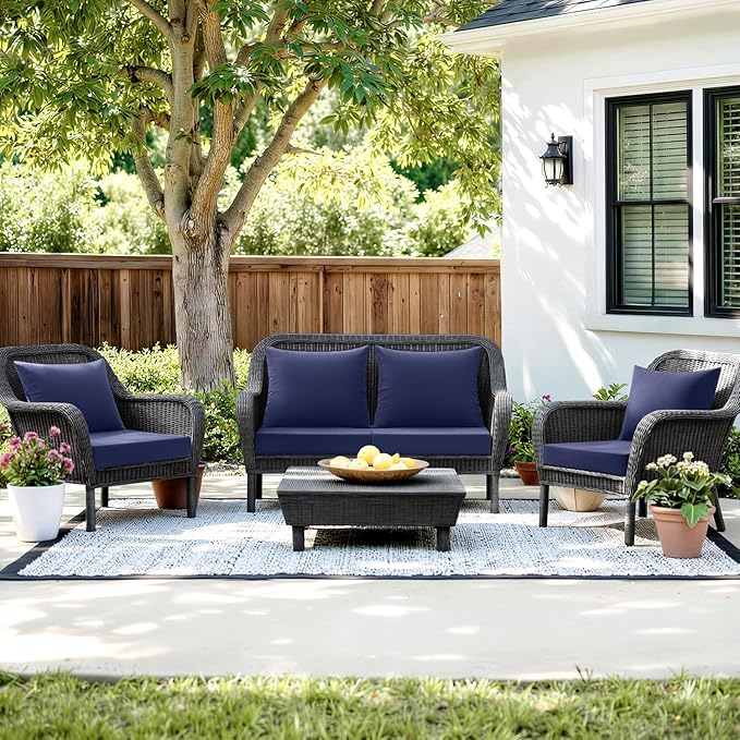 MIULEE Navy Outdoor Seat Cushion Set 24x24 Inch Linen Textured Waterproof & 3 Year Color Fastness Seat and Back Cushion with Ties No Slip Design for Patio Furniture Chair Sofa Couch