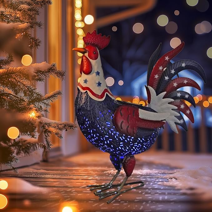 LIFFY Metal Rooster Yard Decor,18" Solar Patriotic Chicken Garden Statues Outdoor,4th of July Decorations with American Flag Decorative Ornament Outside for Home Patio Backyard Lawn