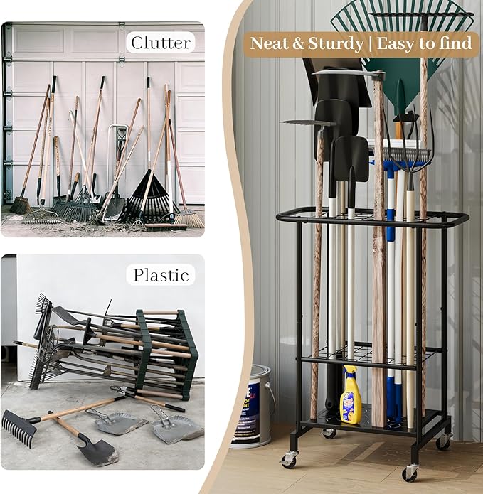 Garden Tool Organizer with Wheels, Heavy Duty Metal Garage Tool Storage Rack, Yard Tool Holder for Long-Handled Tools, Rakes and Brooms, Indoor and Outdoor Use for Shed, Patio