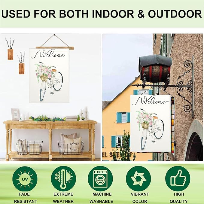 Mugod Bike House Flag Double Sided 28 x 40, Watercolor Wildflowers Spring Summer Burlap Large Flag House Seasonal Farmhouse Outside Outdoor Decoration