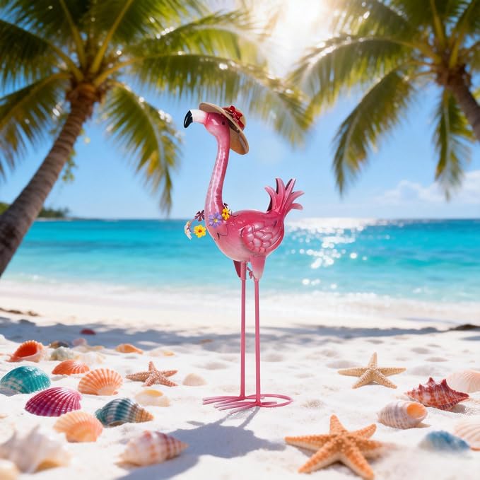 Natelf Flamingo Metal Garden Statue Outdoor Pink Hawaii Flamingo Yard Art Sculpture Decor with Flower Lei & Straw Hat, Waterproof Rust-Proof Lawn Decor for Pool, Beach, Patio, Poolside, Tropical Party