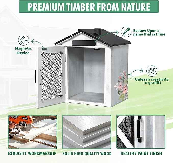 Outdoor Book Sharing Box, Waterproof Tin Roof Wooden Book Exchange Cabinet for Communities, Neighborhoods, and Schools, DIY Literature Storage for Books, Magazines, and Art (White Farmhouse)