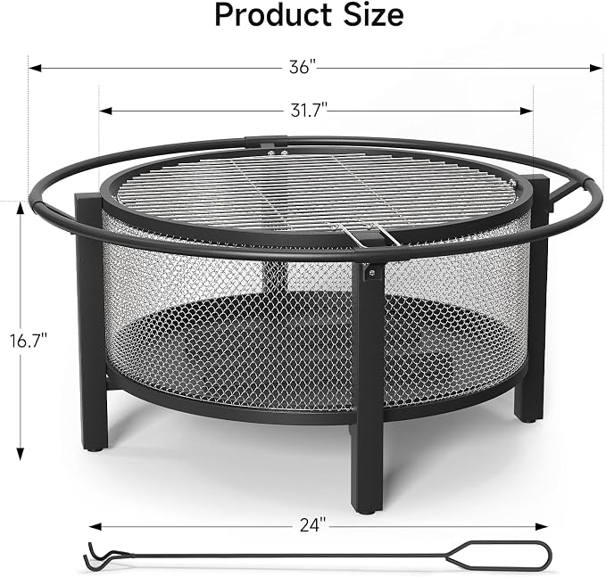 ONBRILL 2-in-1 36 Inch Fire Pit with Cooking Grill, Outdoor Wood Burning Firepit with Poker for BBQ, Bonfire, Picnic, Party, Round Metal Fire Pit for Outside, Backyard, Patio