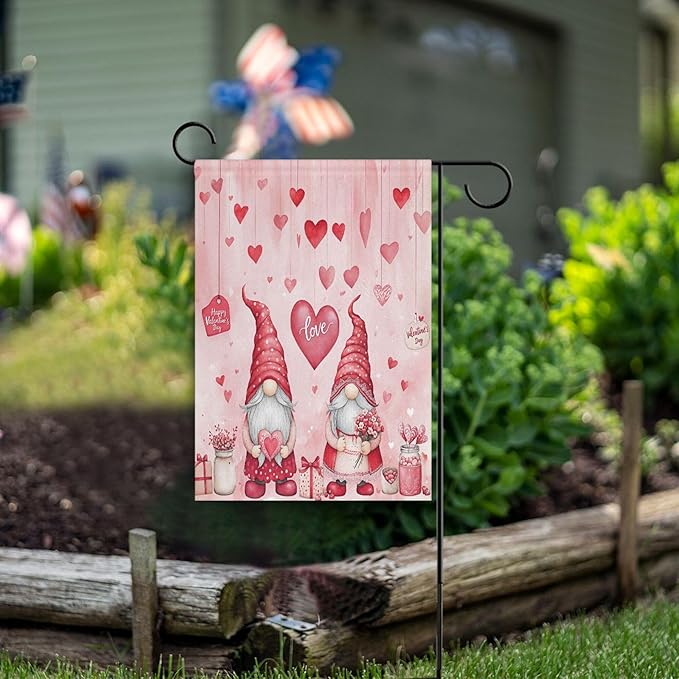 Valentine’s Day Pink Love House Flag 28x40 Inch Double Sided Outside Happy Valentines Gnomes Flowers Red Heart Yard Outdoor Flag Banner for Garden Lawn Patio Holiday Decorations