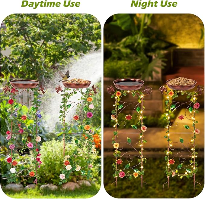 2 Pack Bird Bath for Outside Garden Trellis for Climbing Plants with Hummingbird Decor Small Garden Plant Support Bird Baths Feeder Bowl for Garden Decor Patio Lawn