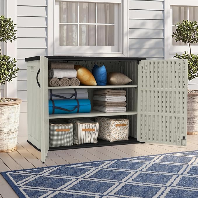 Devoko 26 Cu Ft Outdoor Storage Cabinet - Horizontal Storage Shed for Garden Patio - Durable Backyard Plastic Storage Box, Heavy-Duty & Water-Resistant, Beige, Shelf Not Included