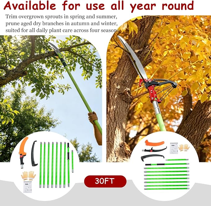 findmall 30ft Manual Pole Saw Extendable Tree Pruner Sharp Steel Blade High Branches Trimming for Pruning Palms and Shrubs with 9 Long Handles No with Scissors Green
