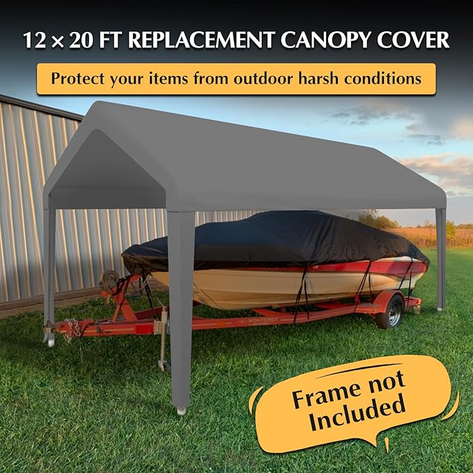 12x20 Canopy Replacement Cover, Carport Replacement Top Cover for 12' x 20' Frame, 800D Heavy Duty Waterproof & UV Protected Car Canopy with Ball Bungees (Frame is not Included) (Gray)