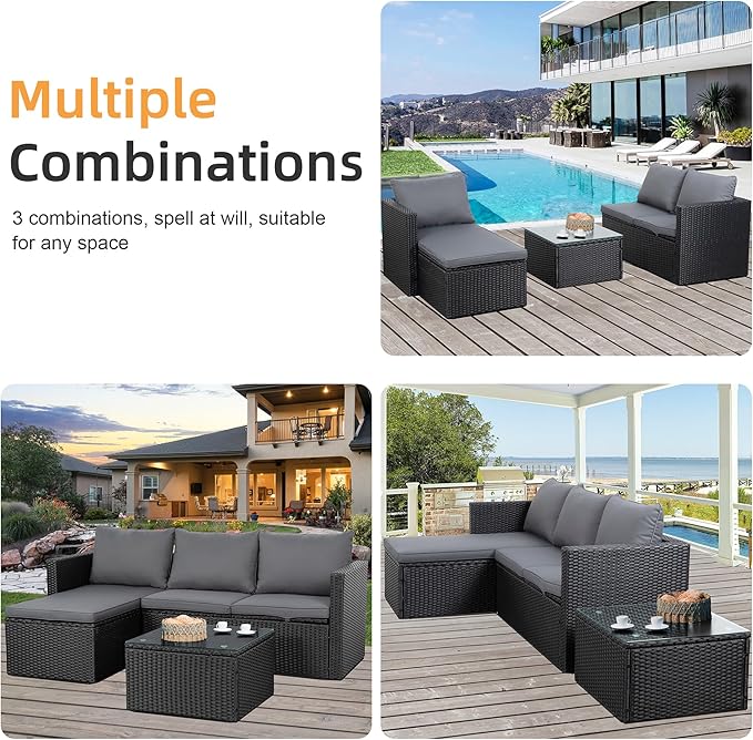 Shintenchi 4 Pieces Patio Furniture Sets, Outdoor Sofa Patio Sectional Sets All Weather, Wicker Rattan Seating Sofa Couch withwith Cushions & Coffee Table for Yard, Garden, Porch, Poolside (Gray)
