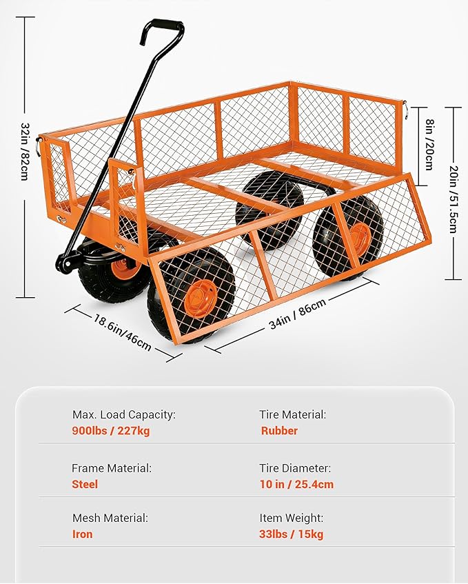 GarveeLife Heavy Duty Steel Garden Cart 900 LBS Capacity 3 in 1 Pullable Garden Wagon with 10 in Wheels for Gardening Soil, Tools, and Plant Transport