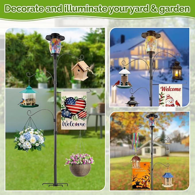 4-Hook Solar Shepherds Hooks for Outdoors,80In Bird Feeder Pole with 5 Prongs Base|Flag Holder|Solar Lights,Heavy Duty Garden Stand Hooks for Hanging Plant Baskets,Wind Chimes,Lanterns
