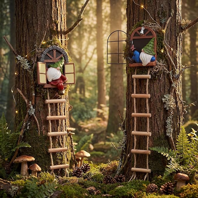 Thyle 4 Pieces Garden Gnomes Outdoor Tree Hugger Gnome Fairy Statue Elf Out the Door Resin Figurine Hanging Ladder Decoration Tree Faces Decor Outdoor for Patio Yard Lawn (Woodland Style)