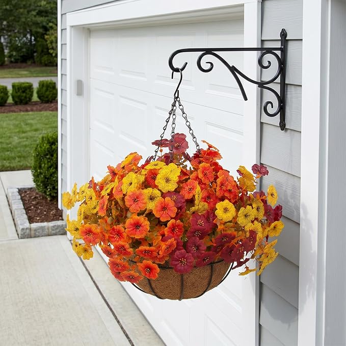 Hananona 2 Set Artificial Outdoor Fall Flowers with Hanging Basket, 2 Hanging Planters with 24 Pcs Flowers for Autumn Front Porch Garden Patio Home Decor (2, Orange,Yellow,Burgundy)