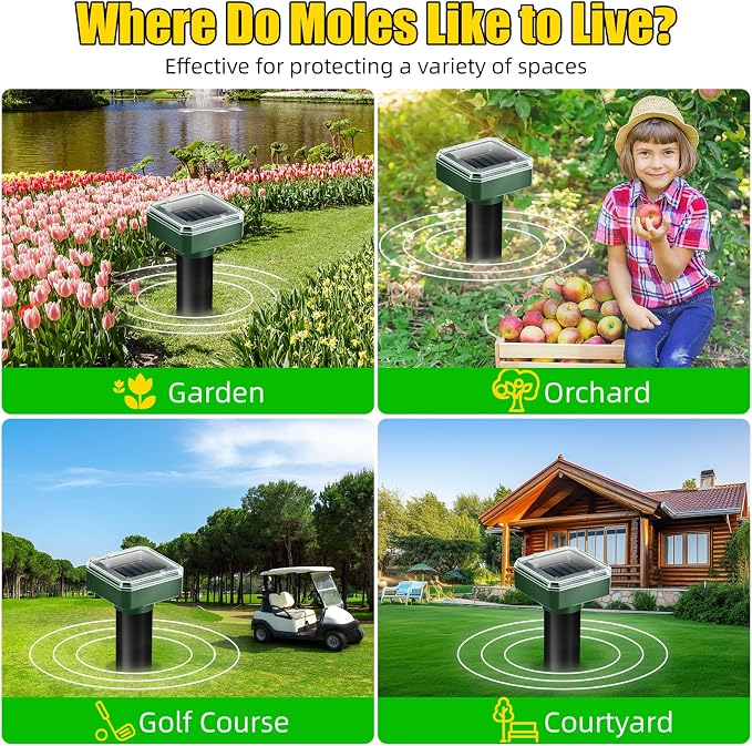 8 Pack Solar Mole Repellent Ultrasonic Gopher Repellent Outdoor Vole Chaser Sonic Mole Deterrent Stake Spikes Waterproof, Keep Moles, Gophers, Voles, Snakes, Groundhogs, Chipmunks Out of Yard Lawn
