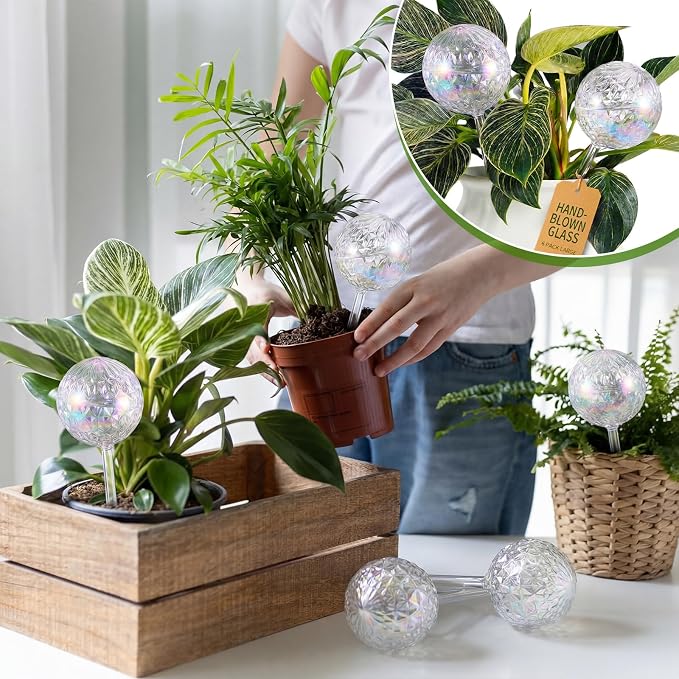 Thenshop 6 Pack 17 oz 2 Weeks Plant Watering Globes Large Self Watering Devices Iridescent Glass Bulbs with Complete Accessories Automatic Drip Irrigation for Patio Lawn Vacation Plant Slow Release