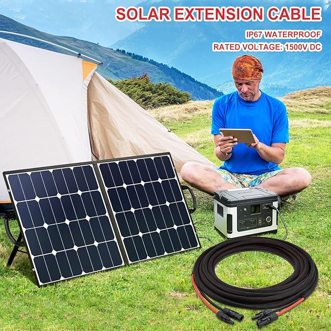 Twin Wire 10FT Solar Extension Cable - 10AWG (6mm²) Solar Panel Connector, with 4 Pairs-IP67-Male/Female Solar connectors for Outdoor Automotive RV Boat Marine Solar Panel- Black & Red