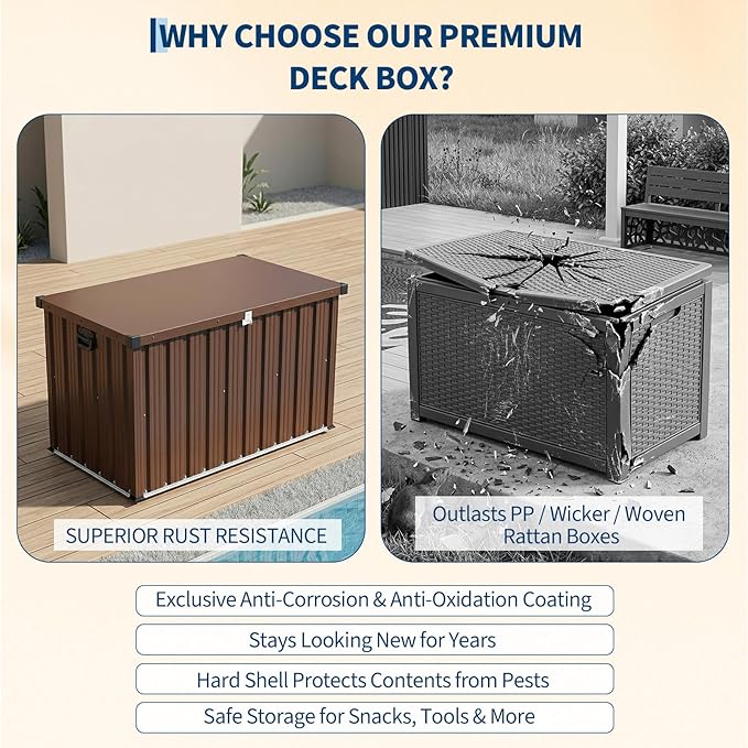150 Gallon Outdoor Metal Storage Box, Waterproof Steel Deck Box with Lockable Soft-Close Lid, Dual Gas Struts, Wheels, Handles, Large Patio Cushion Tool Pool Storage, Brown,49.02"L x 27.76"W x 27.95"H