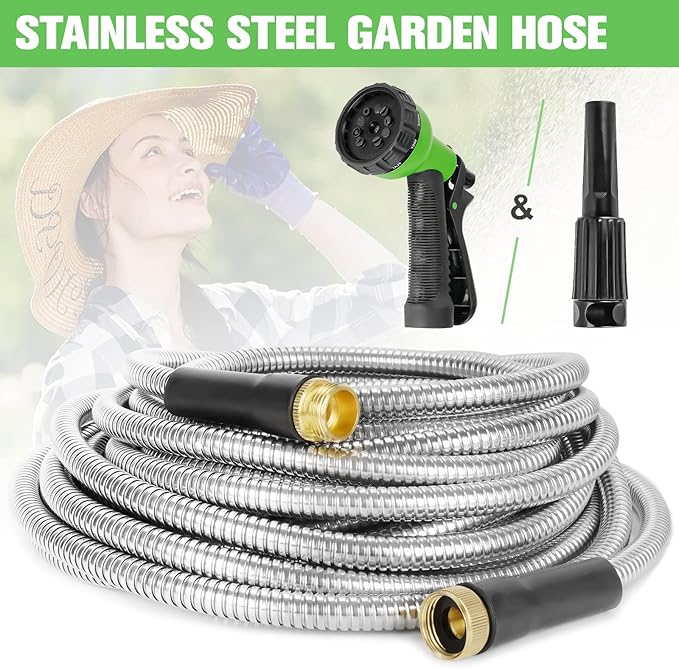 TVKB Metal Garden Hose 75ft Stainless Steel Water Hose Super Tough Flexible Water Pipe with 3/4 inch Brass Fittings and Sprayer Nozzle, Kink & Tangle Free, Rust Proof