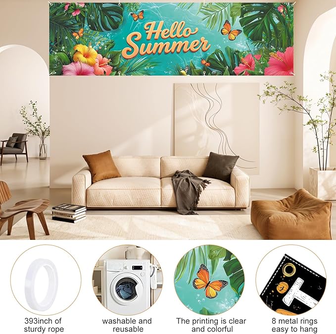 10x3 ft Extra Large Summer Banner Outdoor 115''x35'' Hello Summer Banner for Fence Outside Garden Large Flower Banners Yard