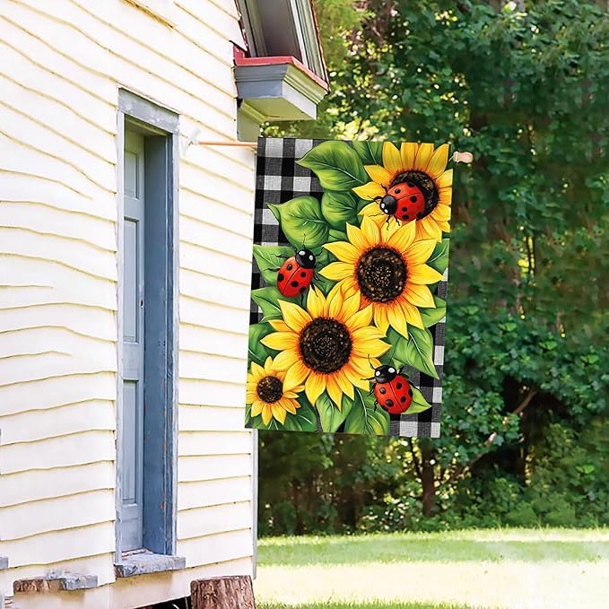 Morigins Spring Garden Flag Double Sided Ladybug Sunflower Flower Buffalo Plaid Farmhouse Yard Flag Summer Seasonal House Flag 28×40 inch