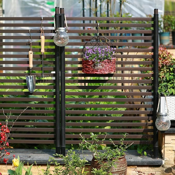 BUKLIYN Outdoor Privacy Screens - Length: 43in, Height: 70.8in Exterior Metal Privacy Patio Screen Panel,PE-Coated Steel Pipe and Slats for Brown,Perfect to Hide Trash Cans (1-Panel