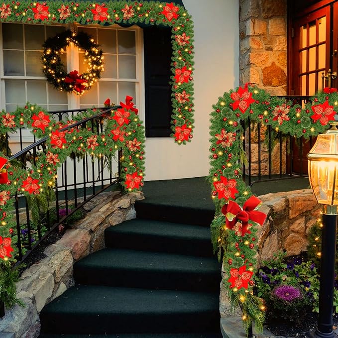 Christmas Garland,Christmas Garland with Lights Battery Operated,9 ft Rattan Artificial Flower Vine Plants Xmas Decorations for Indoor Outdoor Home Mantel Fireplace Stairs