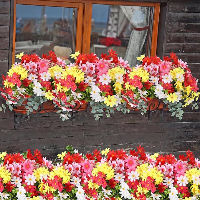 Thiccywoov 24 Bundles Artificial Flowers for Outdoors UV Resistant, Faux Greenery Flowers for Porch Planters Patio Window Box Farmhouse Garden Decor