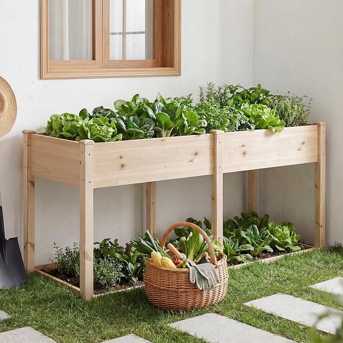 DUMOS Raised Garden Bed with Legs, 72x23x30 Inch Planter Box Outdoor with Liner for Herbs Flowers Vegetables, Elevated Wooden Garden Bed for Patio, Balcony and Backyard, Natural Wood