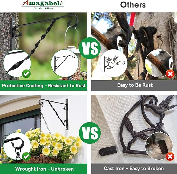 AMAGABELI GARDEN & HOME 2 Pack Hanging Plant Brackets Outdoor 14" Metal Fence Wall Plant Hanger Hooks for Hanging Flower Bird Feeders Lanterns Wind Chimes Rust-Resistant Black