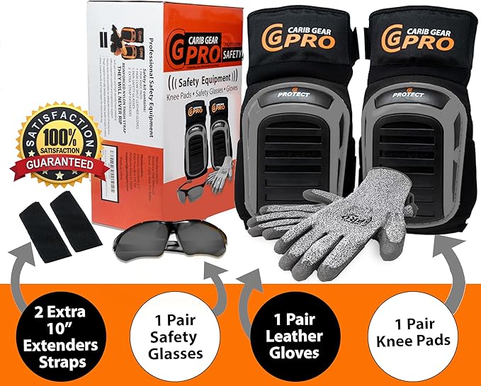 CARIB GEAR PRO Men's Professional Construction Knee Pad for Work - Heavy Duty Pad, Extra Thick Gel & Foam Cushion for Gardening Flooring & Cleaning Non-slip Waterproof Material - One Size - Black