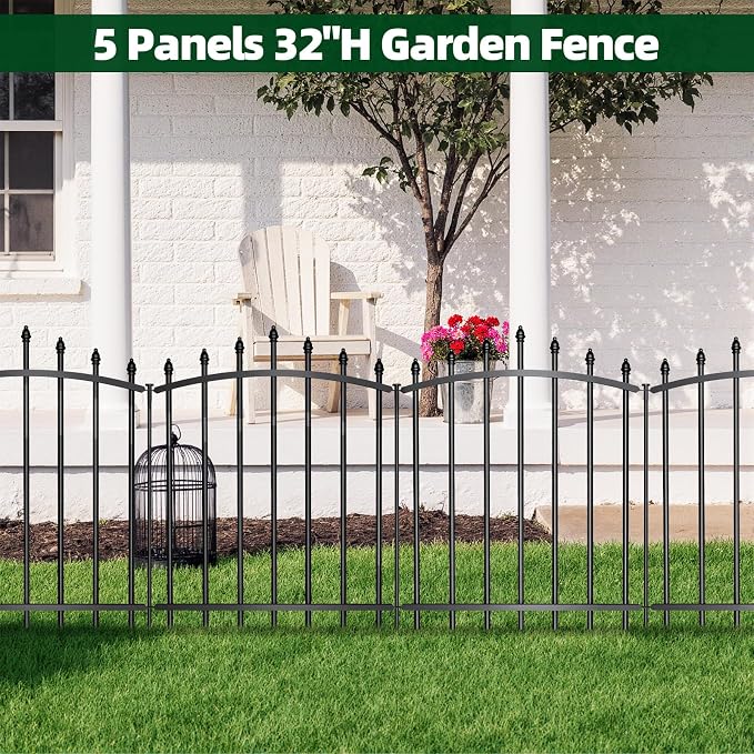 5 Panels,No Dig Edging Decorative Garden Fence,32 in (H) x 24 in(L),Metal Rustproof Panel,Outdoor Dog Fence,Animal Isolation Fence Suitable for Gardens,Roman Column Black