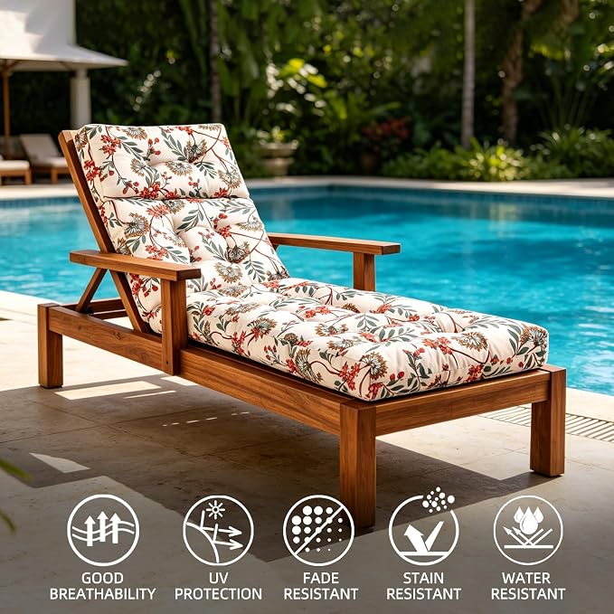 Patio Chaise Lounge Cushions, 70.5"x21"x4" Waterproof Replacement Beach Pool Lawn Outdoor Lounge Chair Cushion, Non-Slip Bottom & Secure Ties for Outdoor Furniture,Flower Red, 1Count