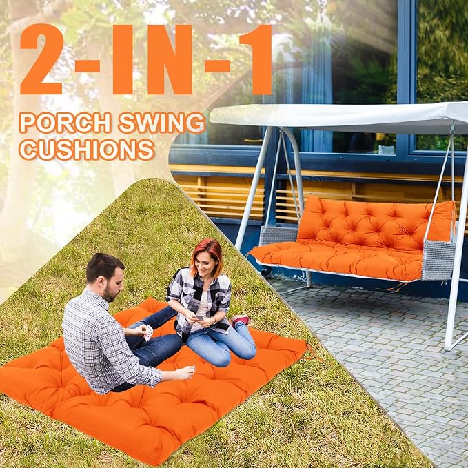 Premium 5" Thick Waterproof Porch Swing Cushions Sturdy Durable 3 Seat Replacement Outdoor Swing Cushions with Backrest&Ties Bench Cushion for Outdoor Furniture Backyard Patio Garden (Orange)