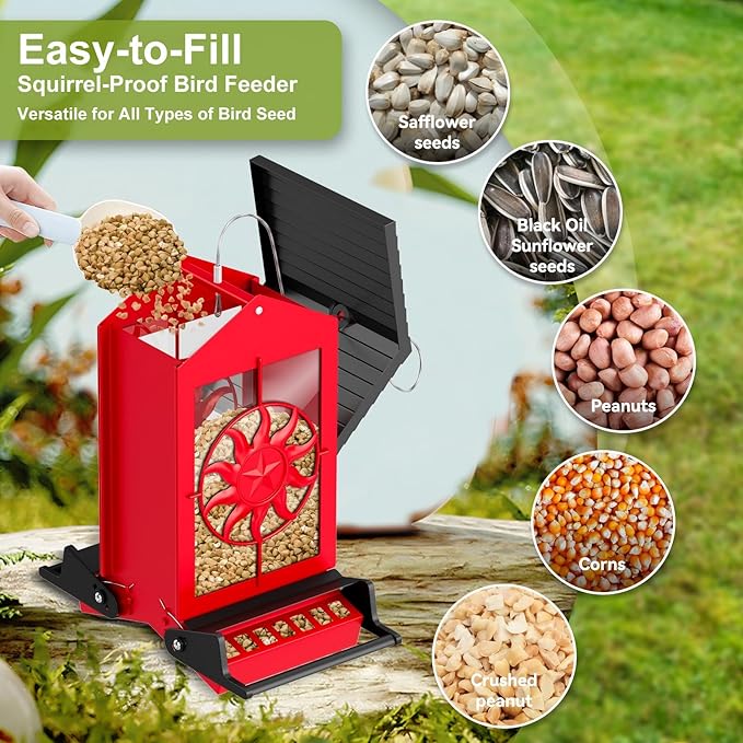 Squirrel Proof Bird Feeders for Outdoors with Weight-Activated, 5LB Large Metal Wild Bird Feeders for Cardinals,Blue Jay,Finch, Weatherproof Durable Hanging Bird Feeder for Backyard,Garden (Red)