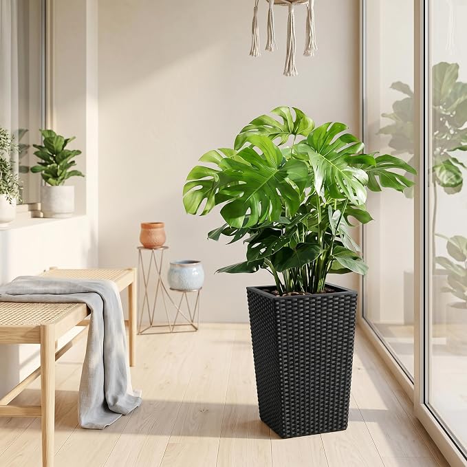 Garvee 16 Inch Tall Planters Set of 4, Self Watering Planters for Outdoor Indoor Plants with Drainage & Water Level Indicator, Tall Flower Pots for Front Porch, Patio, Balcony & Entryway