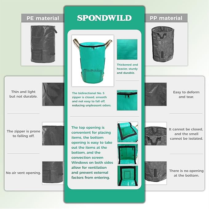 Reusable Garden Yard Waste Bag – 43 Gallon Breathable Thickened Reusable Lawn Bag, with 4 Handles for Easy Moving & Foldable Design, for Leaf & Miscellaneous Debris Collection(Green)