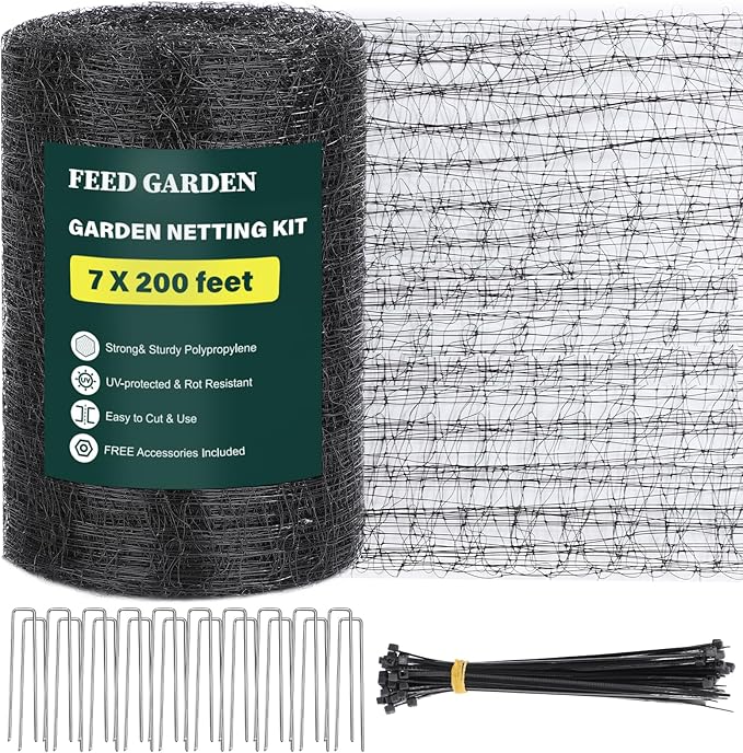 FEED GARDEN Deer Netting Deer Fence Netting, 7 x 200 Feet for Garden Protection Reusable Protective for Plants Fruit Trees Vegetables Against Birds and Other Animal