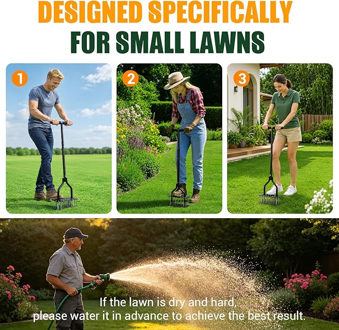 Lawn Aerator Tools, 3 Height Manual Yard Aerator with Self-Cleaning Design | Heavy Duty Adjustable Lawn Air Aerator Tool with 15 Long Iron Spikes, for Lawn Care, Hard Soil Loosening and Yard Aerating