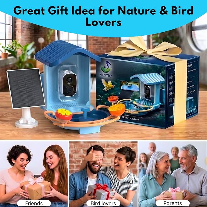 Bird Feeder with Camera, 2K HD Smart Outdoor Bird Feeder, Solar Powered 5200mAh Battery, AI Bird Identification (10,000+ Species), Motion Detection Alerts, Night Vision, Bathing Area, OKAM Pro App