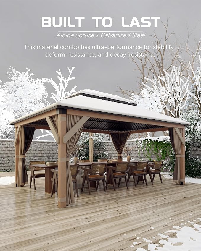 10x12 ft Hardtop Wood Gazebo for All Weather, Double Metal Roof, Heavy Duty Cedar Frame, Curtains & Netting, Permanent Outdoor Pavilion for Patio, Deck, Backyard, Lawn, Garden, Khaki