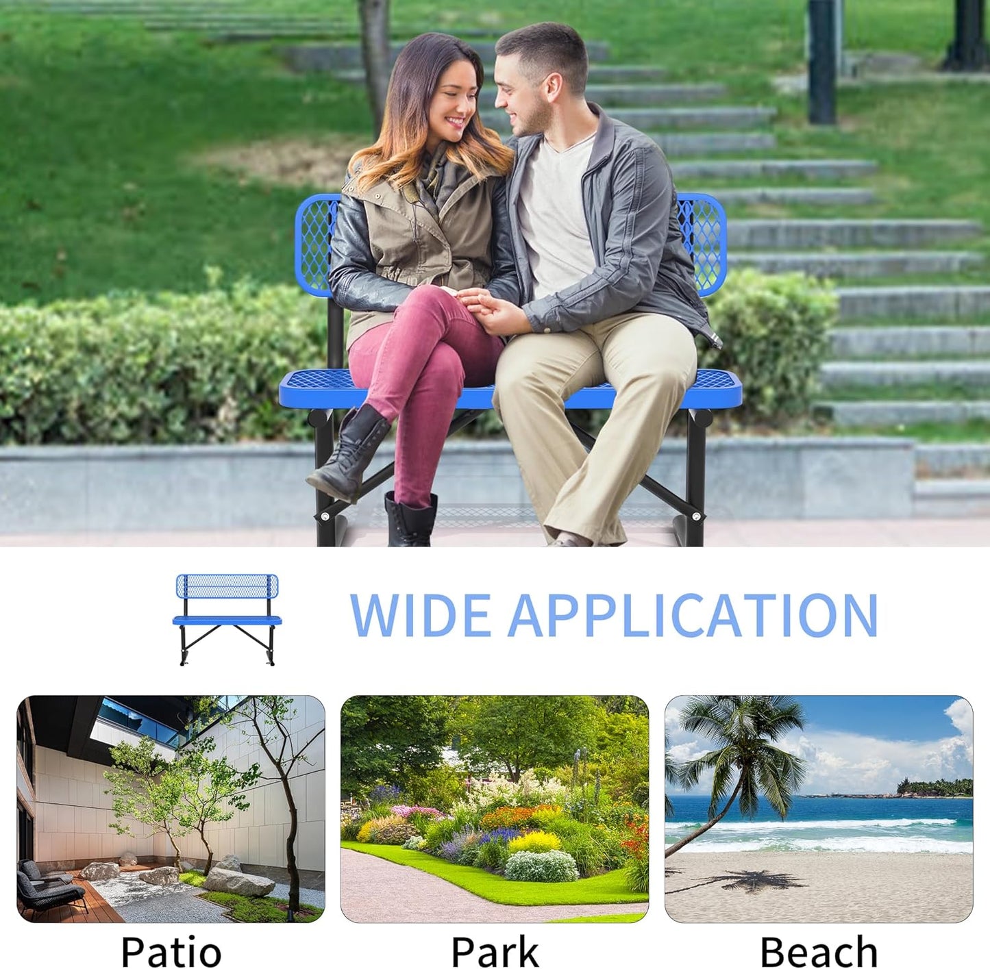 4/6/8 Feet Park Bench for Outside Heavy Duty Metal, Garden Benches Outdoor Bench with Backrest & Portable Frame, for Shopping Malls Stores Parks Patios Decks, Blue