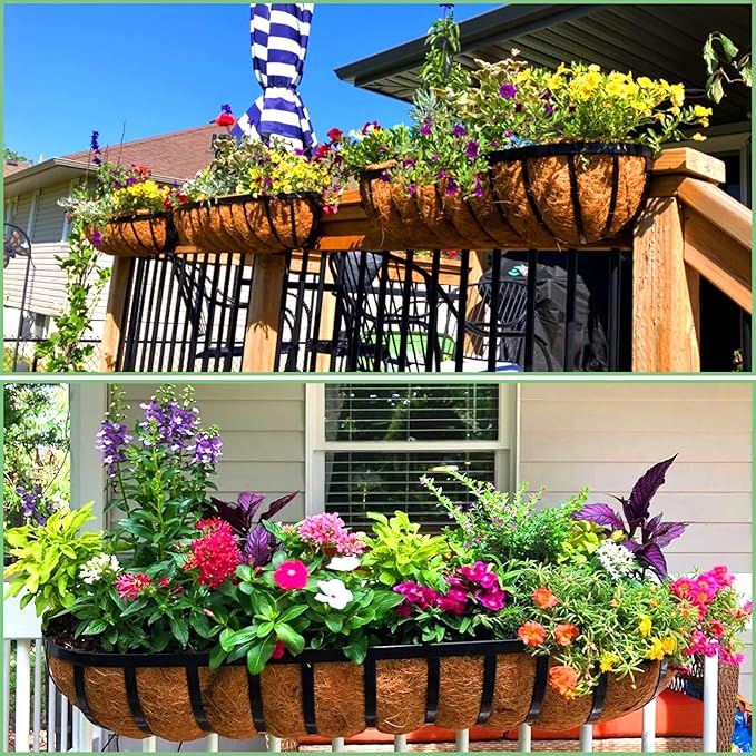 LCHUANG Railing Planter Window Box - 4 Pack 24 Inch Deck Balcony Rail Planter with Coconut Coir Liner, Fence Metal Hanging Flower Basket Deck Railing Planter Boxes for Outdoor Garden