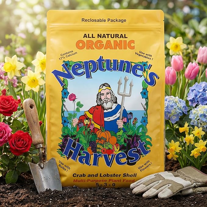 Neptune’s Harvest Organic Crab & Lobster Shell Multi-Purpose Plant Food (5-3-0) - 12 LB Resealable Bag - Rich in Nutrients Soil Fertilizer - Plant Food for Lawns, Gardens, and Vegetables