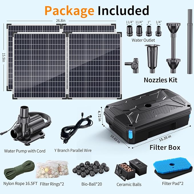 Antfraer 120W Solar Pond Filter with Water Pump, 1600GPH Solar Pond Filter with 3-Stage Filtration, Pond Filter Box with Filter Medias for Outdoor Ponds Fish Tank Waterfall Water Features