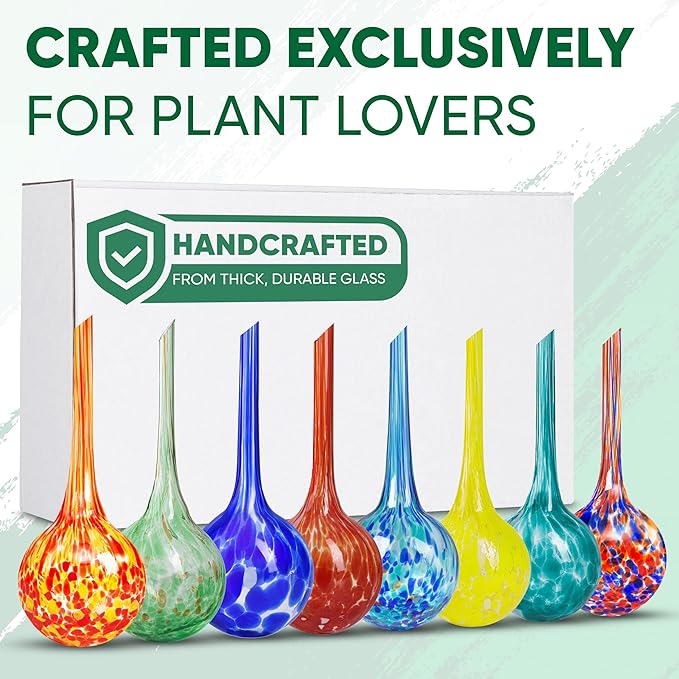 Plant Watering Globes Set of 8 - Small Self Watering Globes for Indoor & Outdoor Plants - Multicolored, Automatic, Glass Watering Bulbs for Daily Use, Plant Watering Devices
