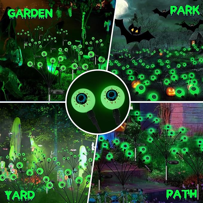 YIQU Solar Halloween Lights Outdoor 4 Pack 24 LED Green Solar Eyeball Light | Newly 3-Tier Design, 2 Lighting Modes, Auto ON/OFF, IP65 Waterproof, Swaying Firefly Lights for Lawn Garden Horror Party